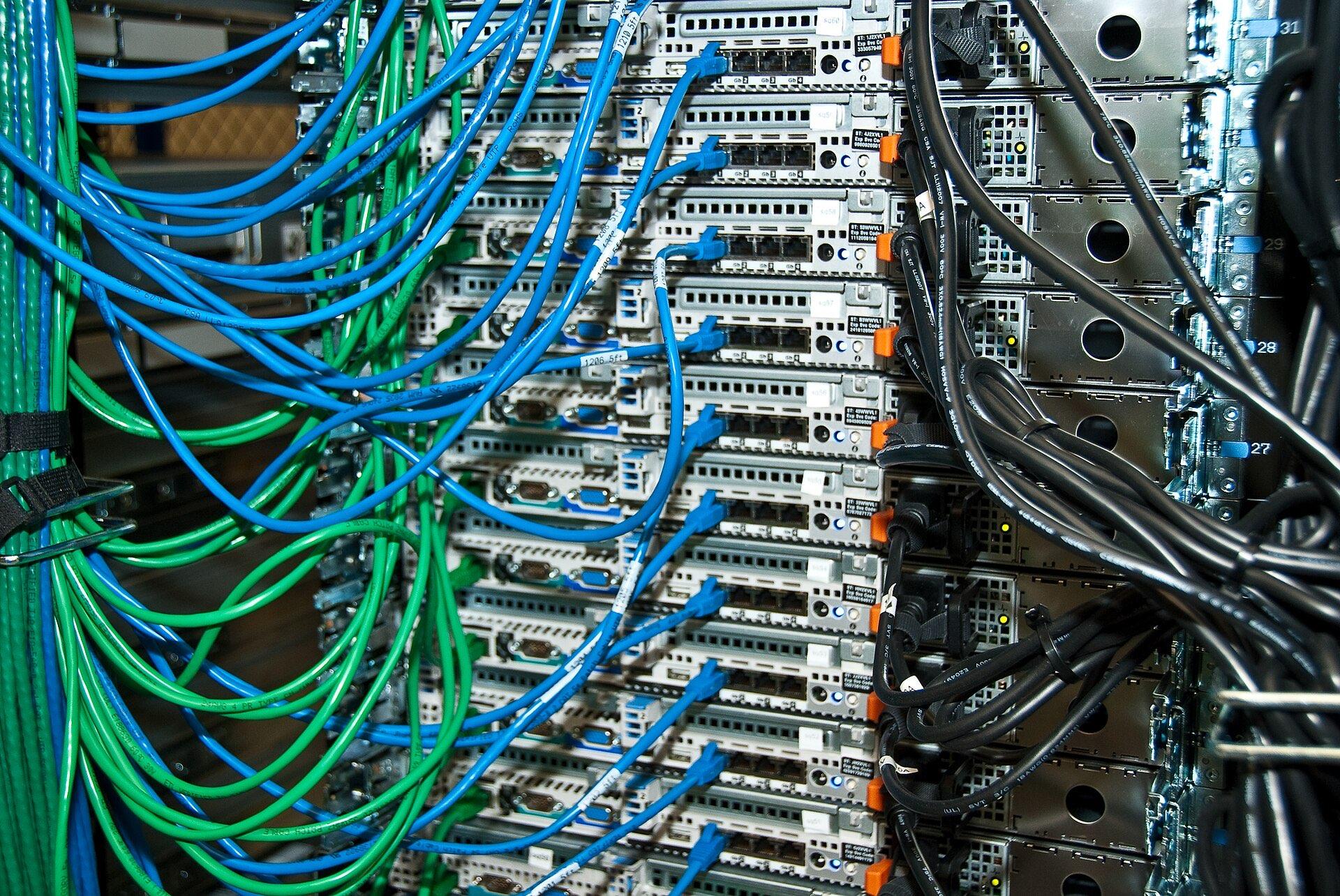 Dense blue and green network cabling running down the back of a server rack.